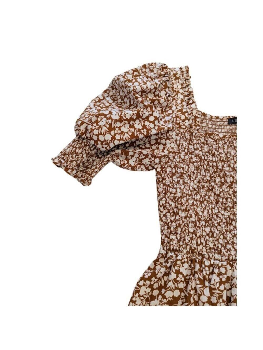 1.State Smocked Puff Sleeve Mini Dress in Brown and White Floral * Size 6 - Picture 6 of 10